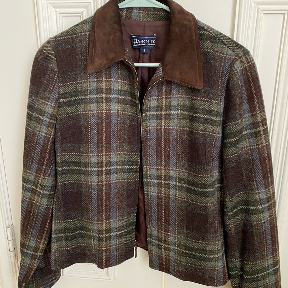 Harold’s Plaid cropped jacket brown suede collar 6